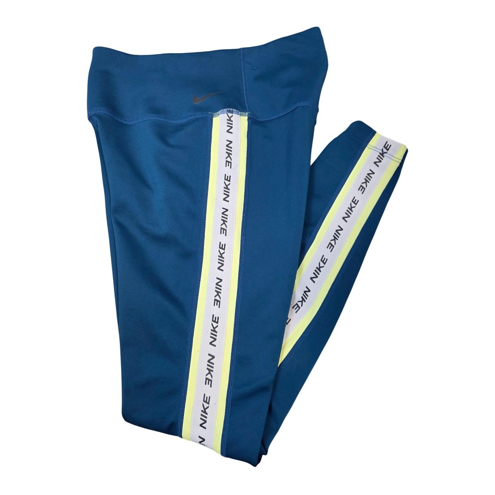 Nike Dri Fit Teal Blue Athletic Leggings with Yellow Stripe Size XS Gym  / A29